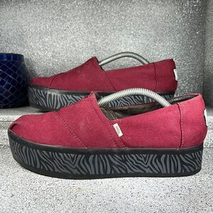 TOMS ALPARGATA BOARDWALK CABERNET CANVAS ZEBRA STRIPES Platform 6.5